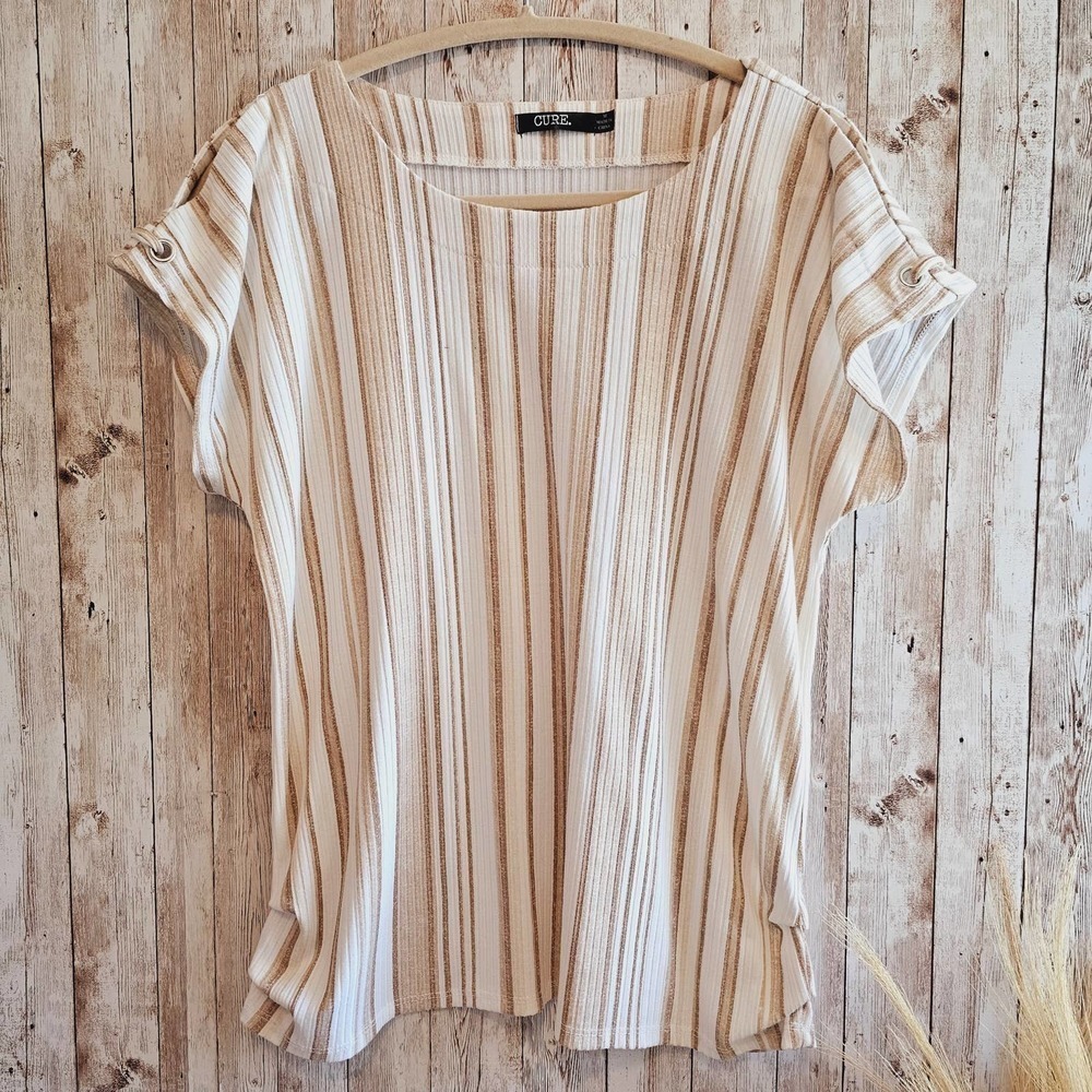 Taupe & Ivory Striped Short Sleeve Top Medium By Cure - Picture 2 of 11